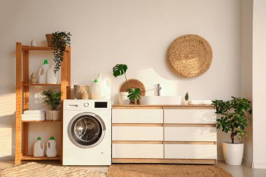 Modern çamaşır makinesi, şifonyeri, lavabosu ve deterjanı olan şık bir çamaşır odası.