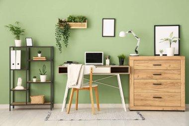 Çalışma yeri, raf ünitesi ve bitkileri olan şık bir ofis.