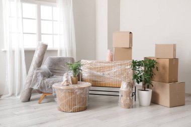 Taşındığı gün mobilyaları streç film, bitkiler ve kutular ile sarılmış.