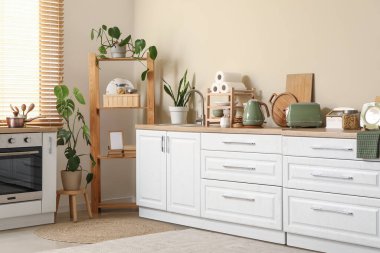 Mutfağın içinde elektrikli su ısıtıcısı, ekmek kızartma makinesi ve çatal bıçak var.