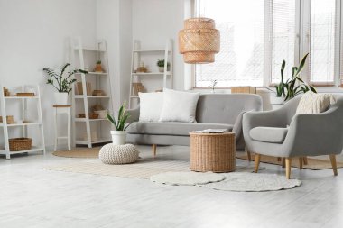 Konforlu kanepe, koltuk, sepet ve raflar oturma odasının içinde.