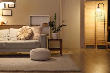 Kanepe, kapı ve gece lambasıyla oturma odasının içinde.