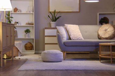 Gri kanepe, puf ve parlayan lambayla oturma odasının içinde.