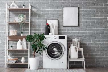 Çamaşır odasındaki gri tuğla duvarın yanında raflama ünitesi, ev bitkisi ve deterjanı olan modern çamaşır makinesi.