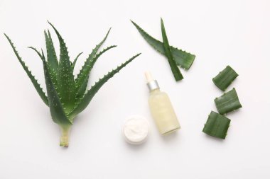 Bir şişe kozmetik yağı ve beyaz arka planda aloe vera yapraklı bir kavanoz krema.