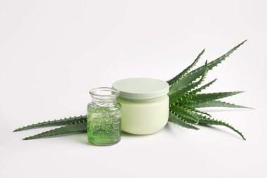 Kozmetik krem kavanozu ve beyaz arka planda aloe vera yapraklı bir şişe jel.