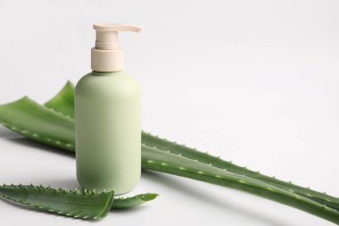 Beyaz arka planda aloe vera yapraklı bir şişe kozmetik ürünü.