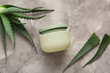 Gri arka planda aloe vera yapraklı bir kavanoz kozmetik kremi.
