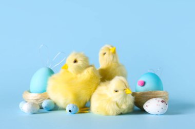 Mavi arka planda Paskalya yumurtaları ve yavru tavuklar