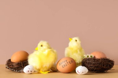 Paskalya yumurtalı yuvalar ve bej arka planda yavru tavuklar.
