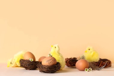 Paskalya yumurtalı yuvalar, güzel çiçekler ve bej arka planda yavru tavuklar.