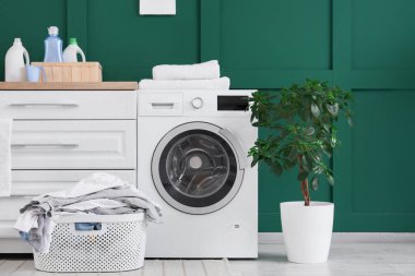 Çamaşır makinesi, sepeti ve saksısı olan şık bir çamaşırhane.