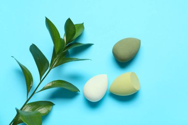 Mavi arka planda yeşil makyaj süngerleri ve taze yapraklar