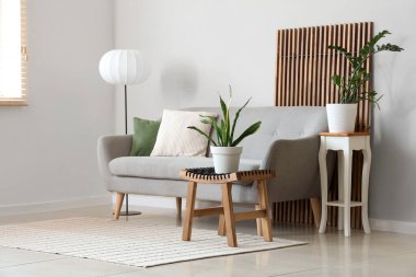 Aydınlık oturma odasının içinde gri kanepe, bitki ve lamba var.