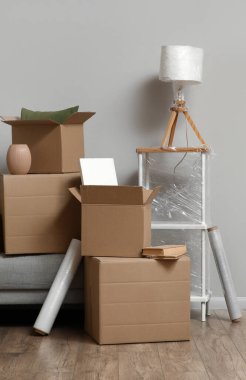 Taşınırken odada karton kutular olan kanepe ve raf ünitesi
