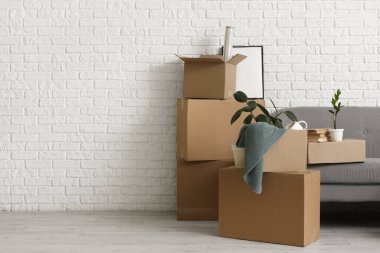 Taşındığı gün beyaz tuğla duvarın yanında karton kutular olan kanepe.