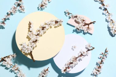 Mavi arka planda güzel çiçek açan ağaç dalları olan dekoratif podyumlar