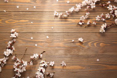 Ahşap arka planda güzel açan dallar