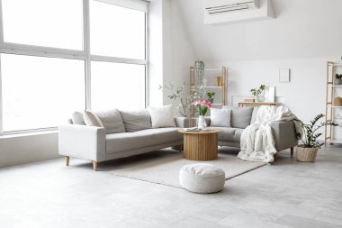 Gri kanepeler, masa ve bitkilerle aydınlık oturma odasının içinde.