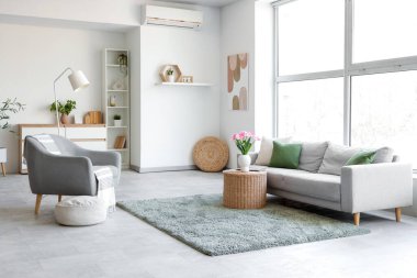 Kanepe, koltuk ve bitkilerle aydınlık oturma odasının içinde.