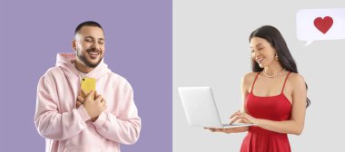 Renkli arka planda online randevuları olan mutlu genç çift.