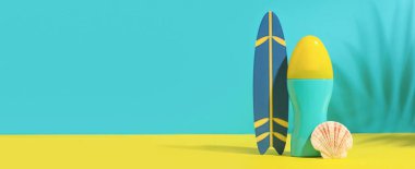 Güneş kremi, küçük sörf tahtası ve deniz kabuğu renk arkaplanı ve metin için boşluk