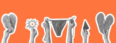 Turuncu arka planda plaj aksesuarları olan kadın elleri.