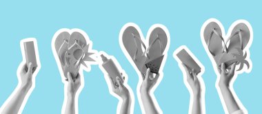 Mavi arka planda parmak arası terlikleri ve güneş kremleri olan kadın elleri