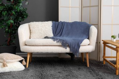 Beyaz kanepesi ve siyah halısı olan modern oturma odasının içinde.