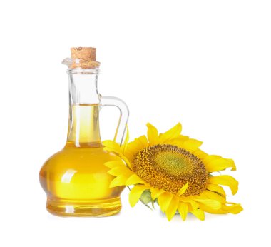 Beyaz arkaplanda ayçiçeği yağı dekanı