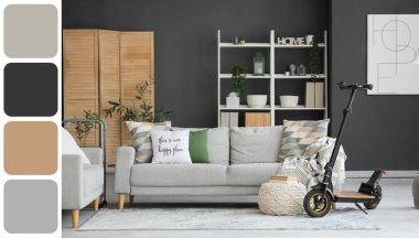 İçinde elektrikli scooter ve gri kanepe olan oturma odası. Farklı renk desenleri