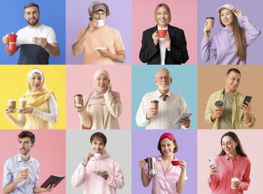 Birçok insanın renkli arka planda kahve içtiği kolaj.