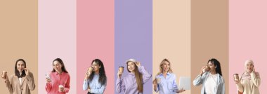 Arka planda kahve içen bir sürü kadın.