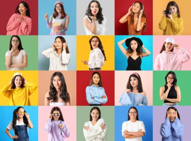 Renkli arka planda bir grup genç Asyalı kadın