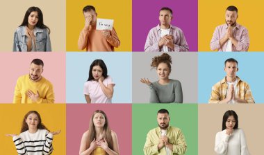 Renk arka planında af dileyen birçok insanın kolajı