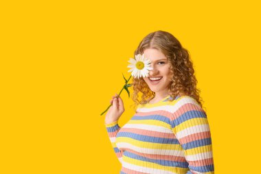 Sarı arka planda papatya çiçeği olan güzel genç bir kadın.