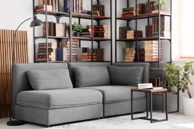 Ev kütüphanesinde şık bir kanepe, kitap rafları ve sehpa.