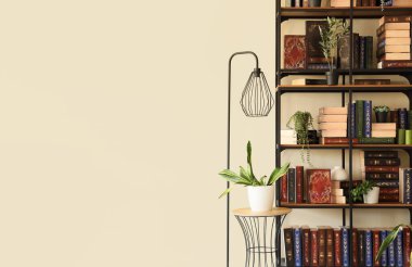 Kitapların, çiçeklerin ve lambaların olduğu ev kütüphanesinin içi