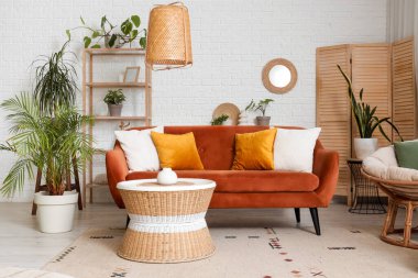 Oturma odasının içinde ayna, kırmızı kanepe ve bitkiler var.