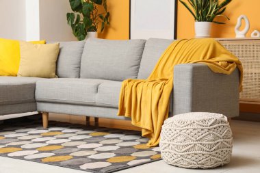 Gri kanepeli, yumuşak puf ve ekoseli şık bir oturma odası.