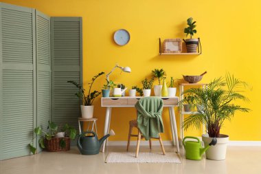 İçinde yeşil bitkiler, masa ve katlanan ekran olan odanın içi