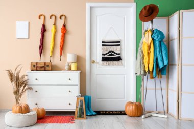 Koridorun içinde kapı, çekmece ve askılık var.