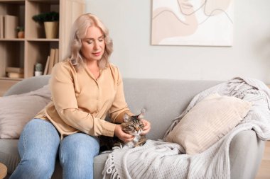 Evdeki kanepede oturan sevimli kedisi olan güzel olgun bir kadın.