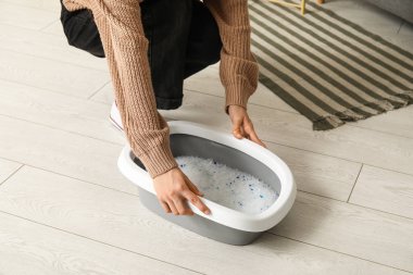 Kedi için kedi kumu olan kadın oturma odasında.