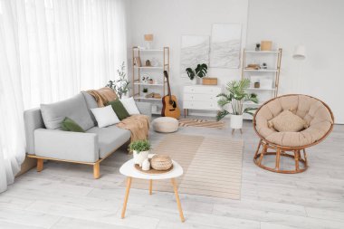 Kanepe, koltuk ve bitkilerle aydınlık oturma odasının içinde.