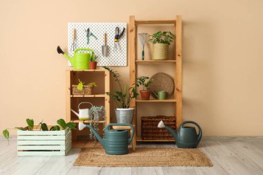 Raflama ünitesi, bahçe aletleri ve ahır bej duvarının yanındaki bitkiler.