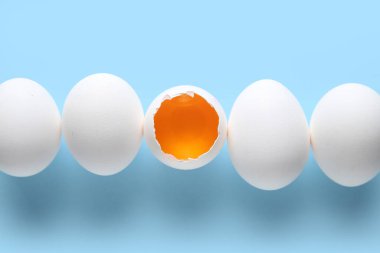 Mavi arka planda çiğ tavuk yumurtası