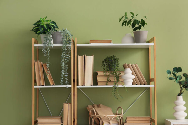 Wooden bookcase with houseplants and books near green wall in room