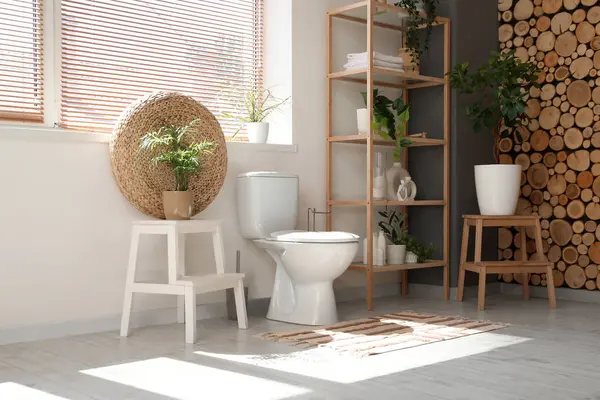 Tuvaletin içinde klozet, raf ünitesi ve bitkiler var.