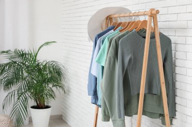 Odada beyaz tuğla duvarın yanında giysiler ve bitkilerle doldur.